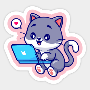 Cute Cat Working On Laptop Cartoon Sticker